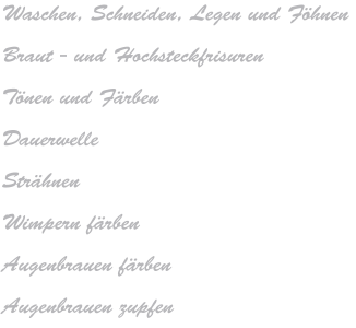 Waschen, Schneiden, Legen und Föhnen Braut - und Hochsteckfrisuren Tönen und Färben Dauerwelle Strähnen Wimpern färben Augenbrauen färben Augenbrauen zupfen